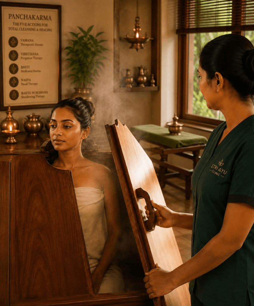 Sweda steam therapy in a wooden cabinet at STRĪ AYU clinic